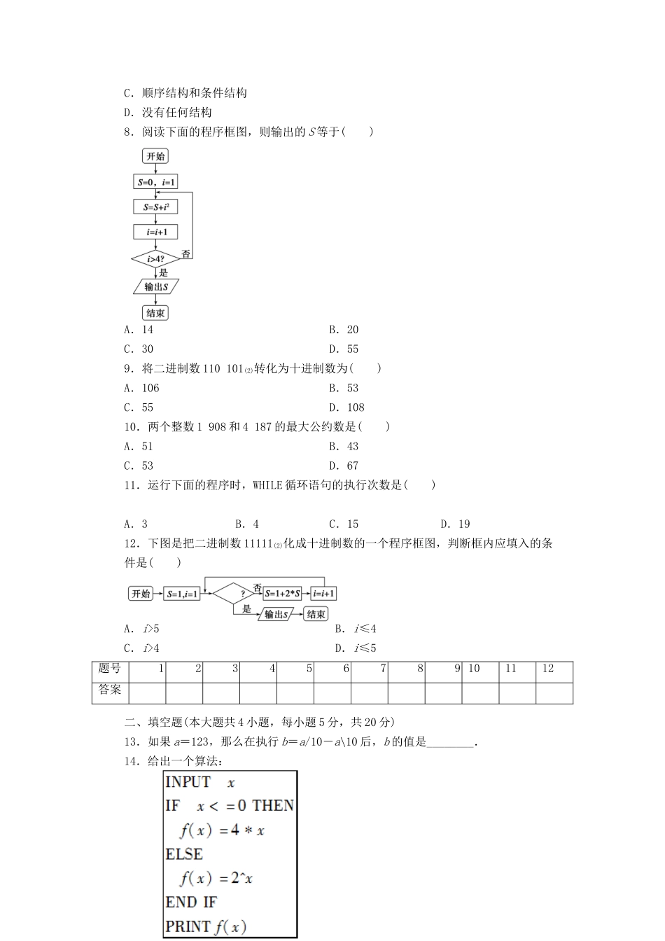 高中数学 第1章 算法初步单元检测A卷 新人教A版必修3-新人教A版高一必修3数学试题_第2页