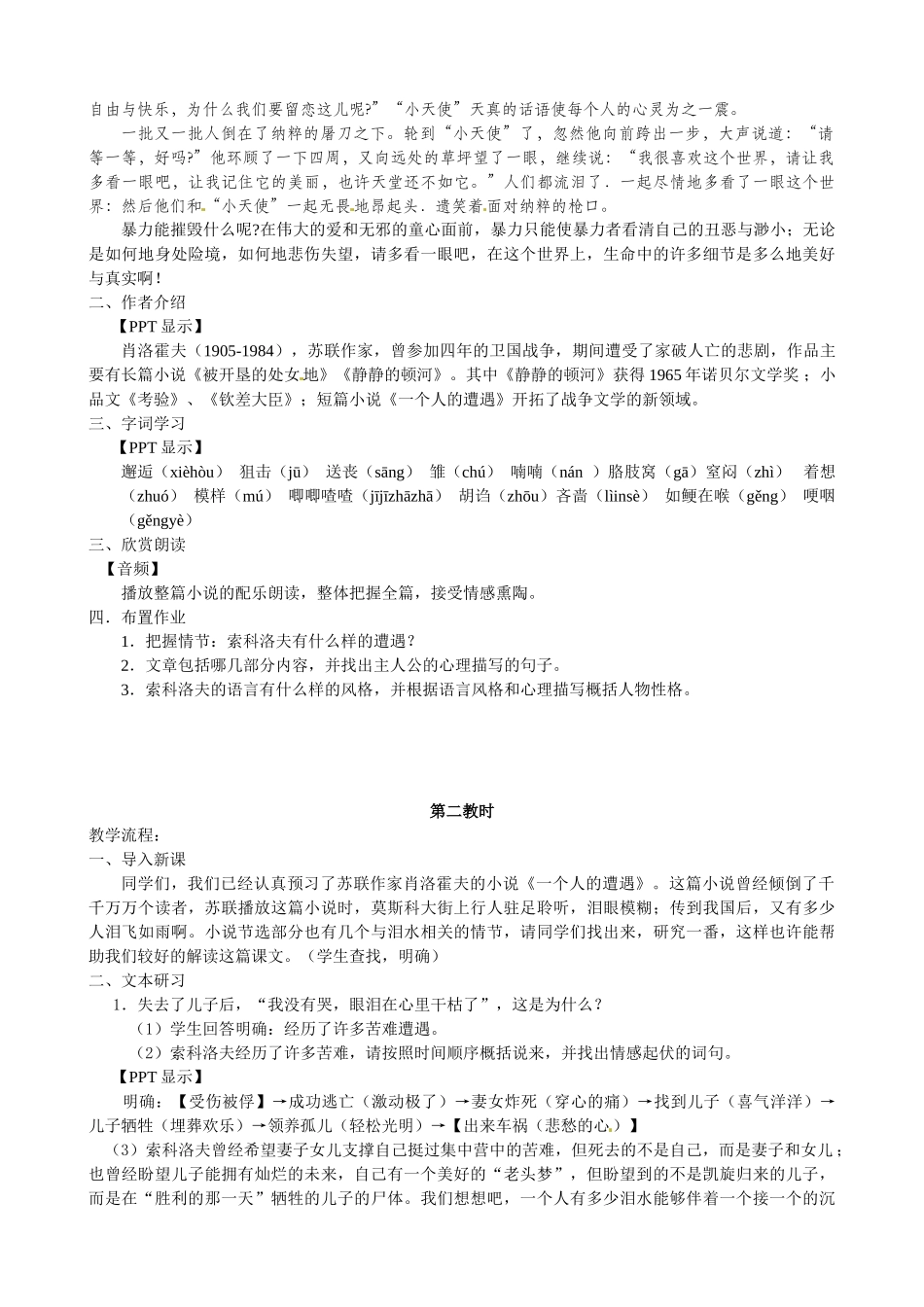 江苏省响水中学高一语文《一个人的遭遇》教案 苏教版_第2页