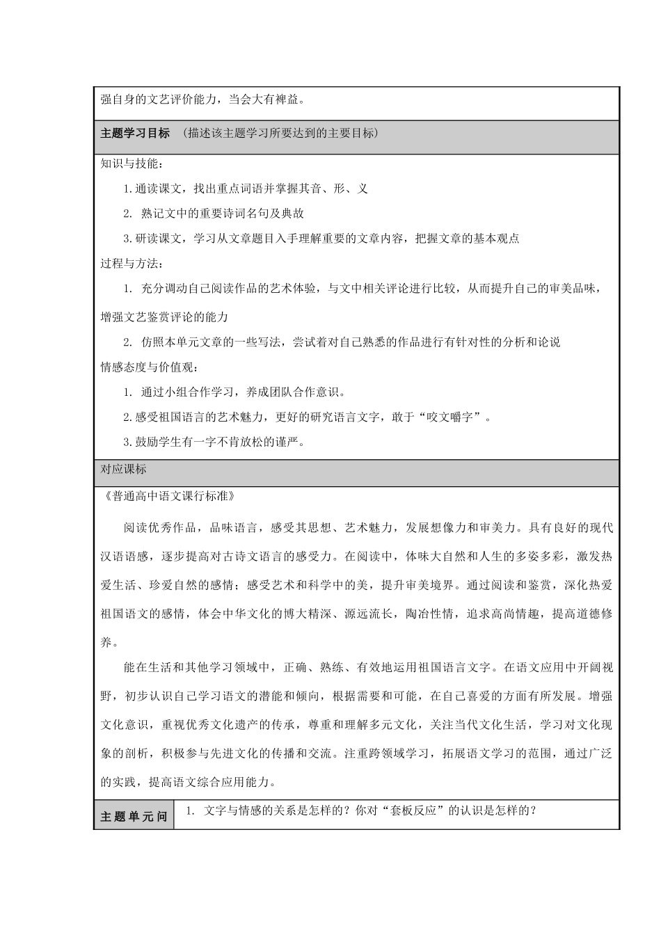 山东省平邑县一中高二语文 探讨语言艺术，也能“咬文嚼字”主题单元设计 鲁教版_第2页