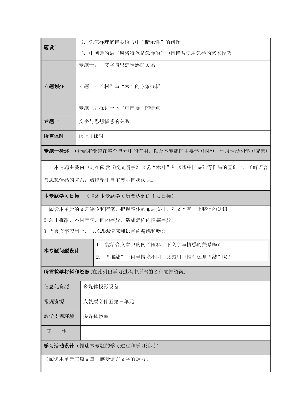 山东省平邑县一中高二语文 探讨语言艺术，也能“咬文嚼字”主题单元设计 鲁教版_第3页