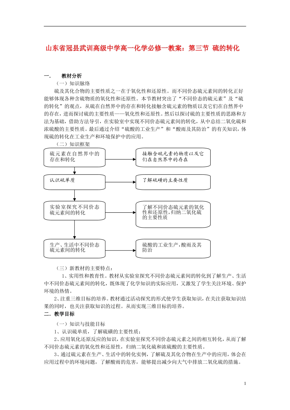 山东省冠县武训高级中学高中化学 第三节 硫的转化教案 新人教版必修1_第1页