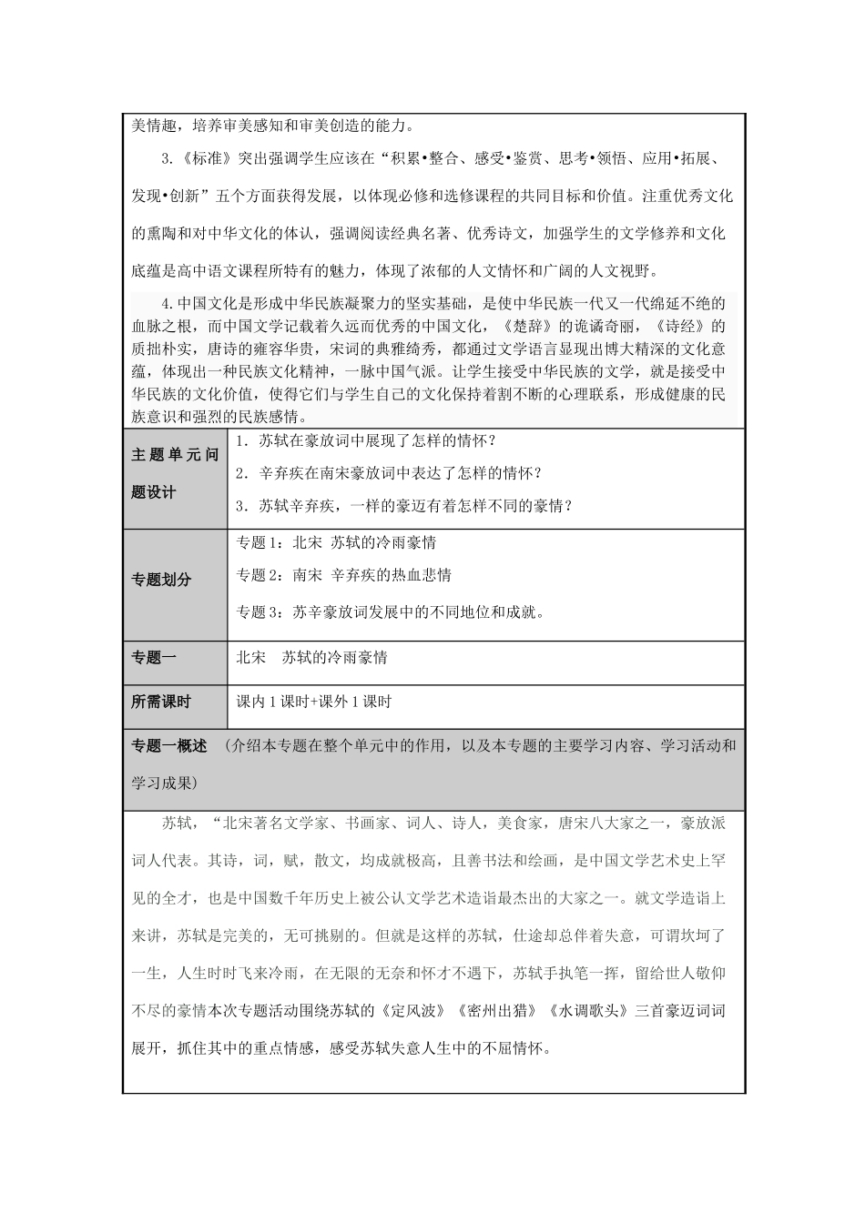 山东省淄博高中2012-2013学年高二语文 苏轼与辛弃疾的词作比较主题单元设计_第3页