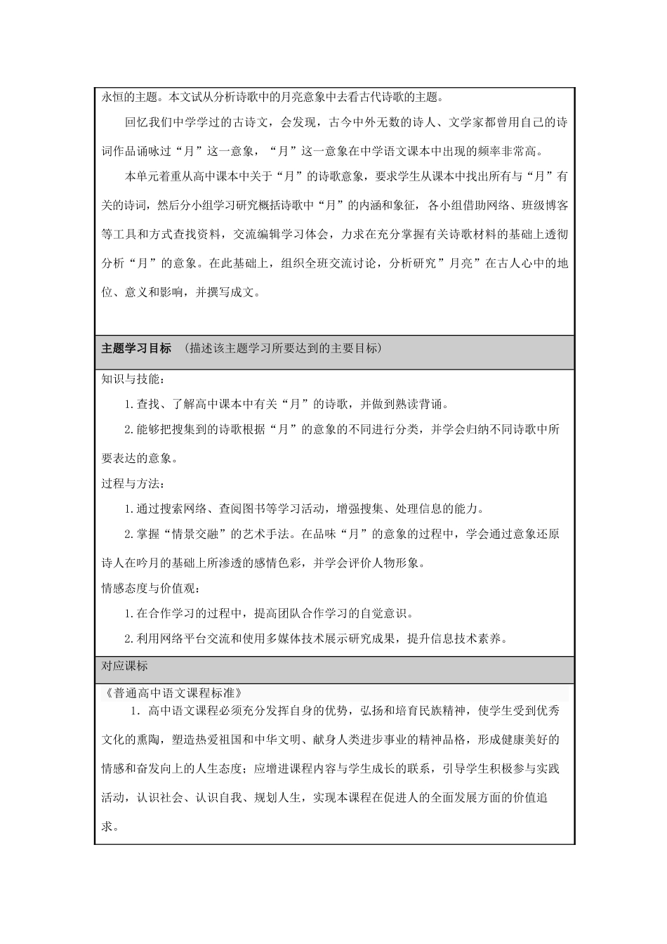 山东省诸城市龙城中学2012-2013学年高二语文 多情的月亮 中国古诗歌意象初探主题单元设计 鲁教版_第2页
