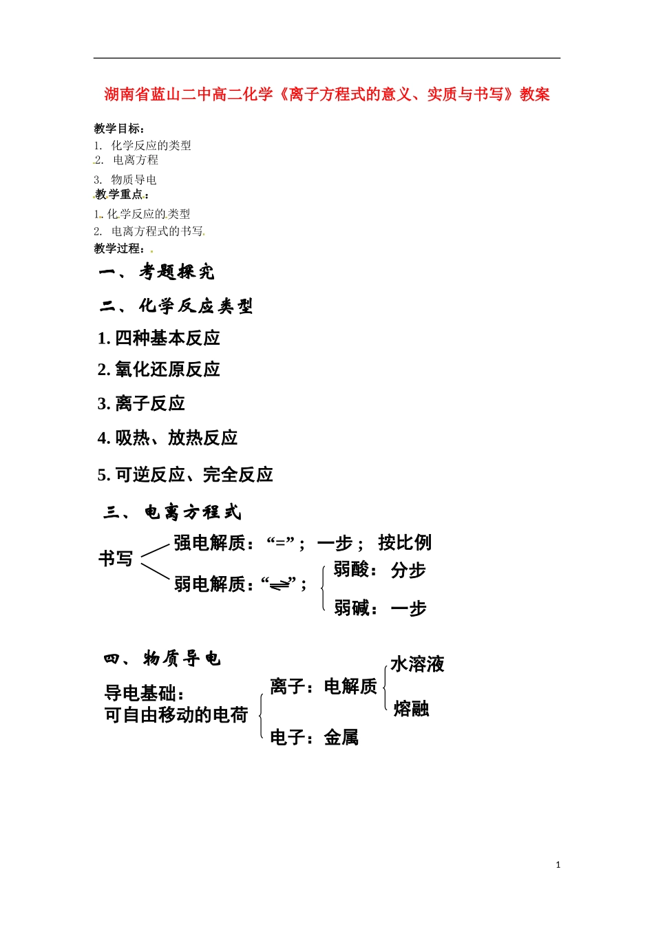 湖南省高二化学《离子方程式的意义、实质与书写》教案_第1页