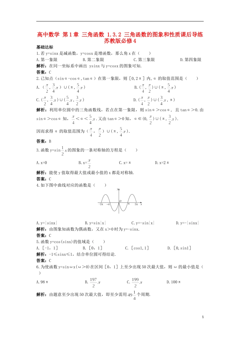高中数学 第1章 三角函数 1.3.2 三角函数的图象和性质课后导练 苏教版必修4-苏教版高一必修4数学试题_第1页