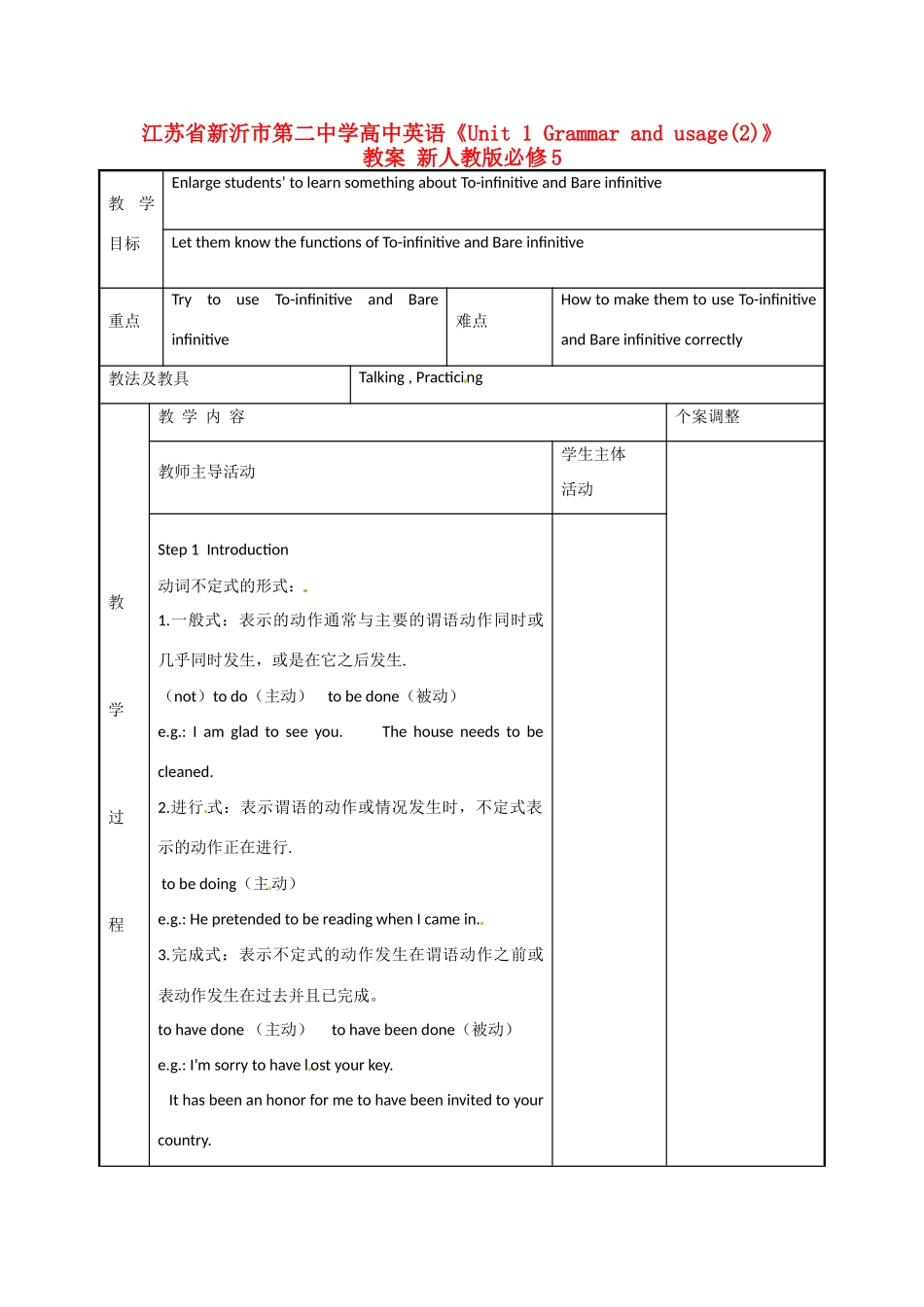 江苏省新沂市第二中学高中英语《Unit 1 Grammar and usage(2)》教案 新人教版必修5_第1页