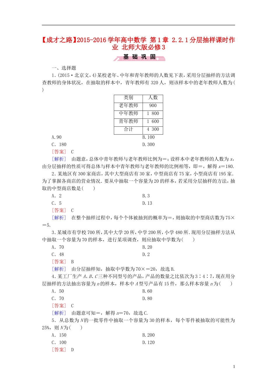 高中数学 第1章 2.2.1分层抽样课时作业（含解析）北师大版必修3-北师大版高一必修3数学试题_第1页