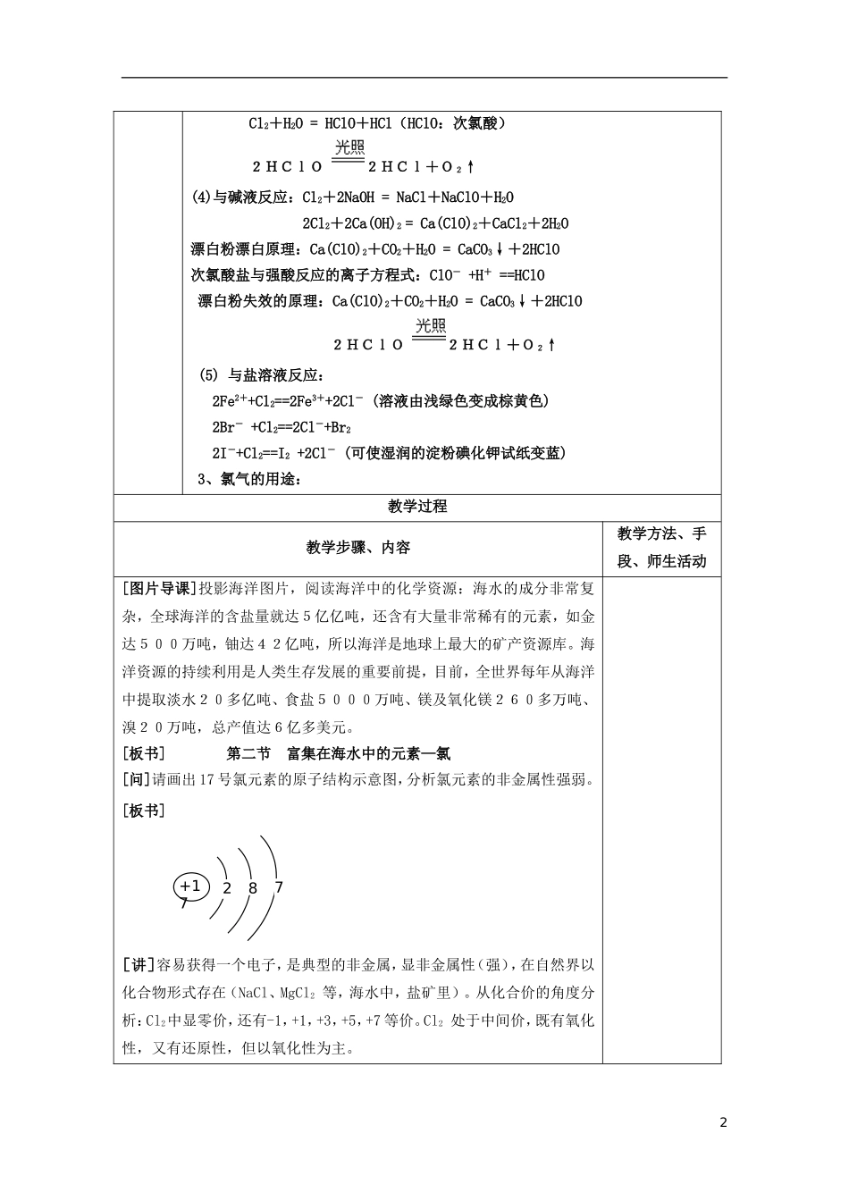 江苏省平潮高级中学高中化学集体备课 《第四章 非金属及其化合物》第二节 富集在海水中的元素——氯教案 苏教版必修1_第2页