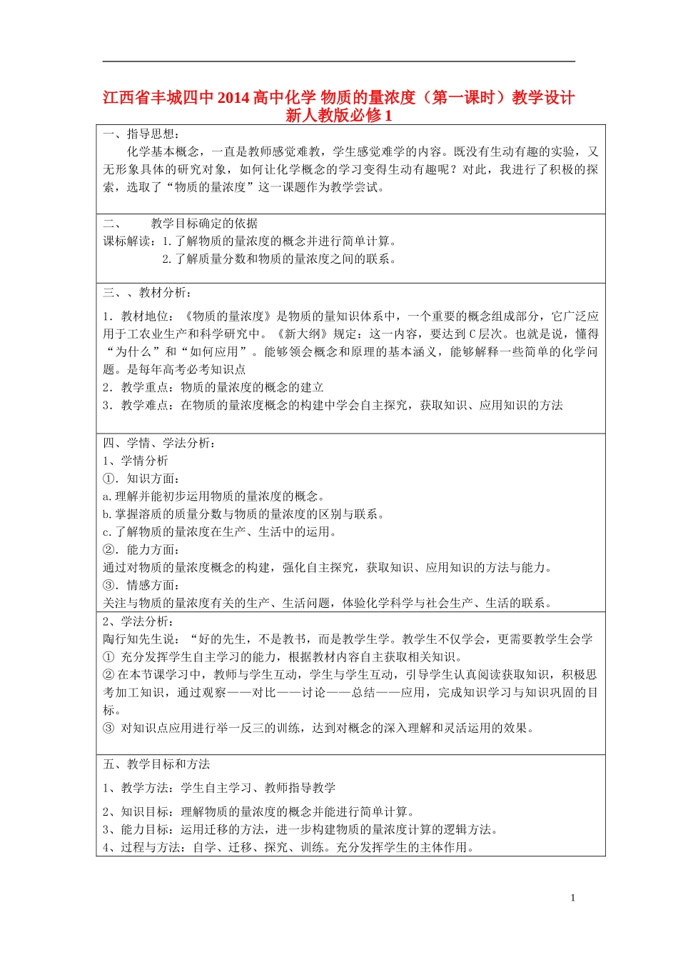 江西省丰城四中2014高中化学 物质的量浓度（第一课时）教学设计 新人教版必修1_第1页