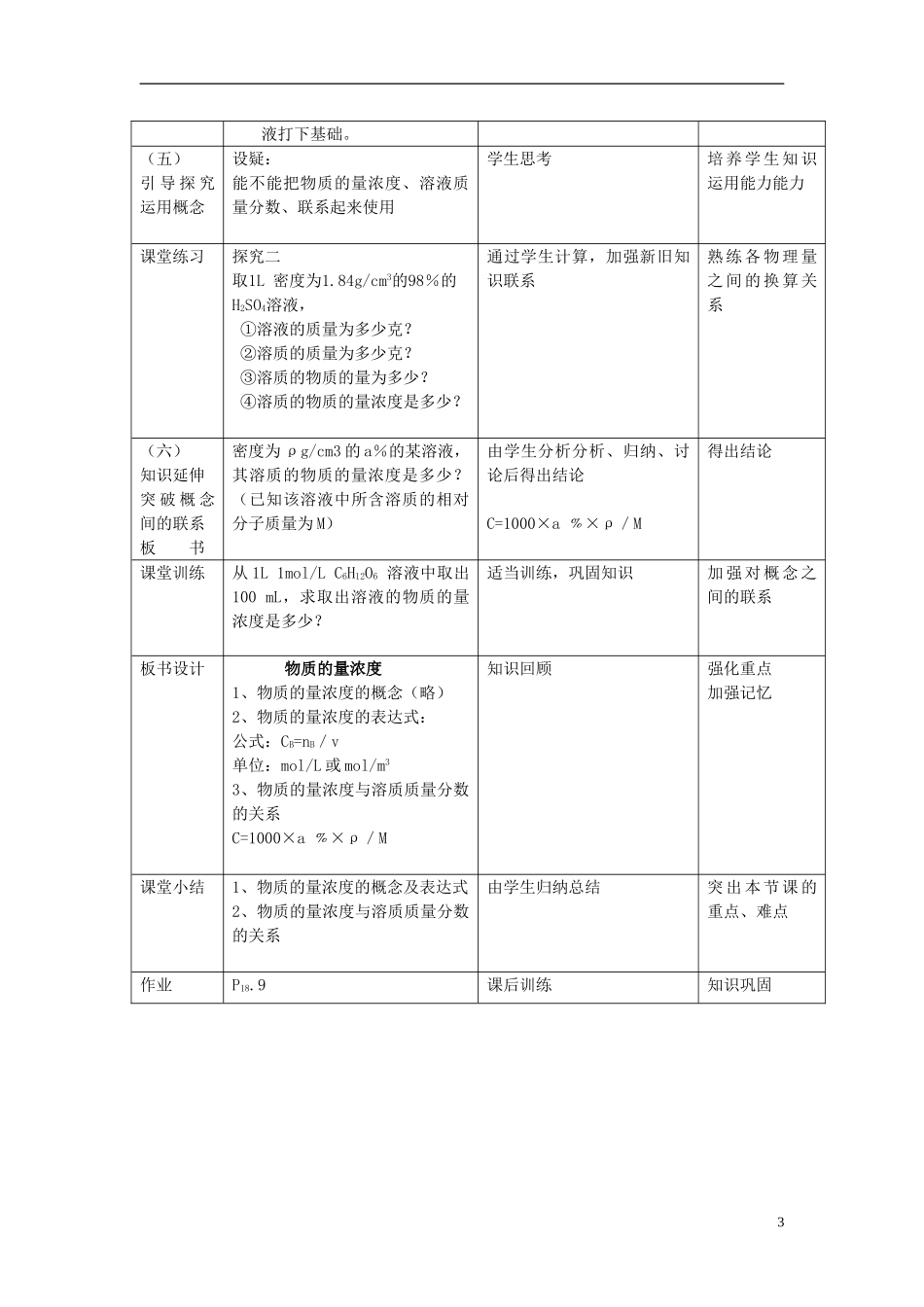 江西省丰城四中2014高中化学 物质的量浓度（第一课时）教学设计 新人教版必修1_第3页