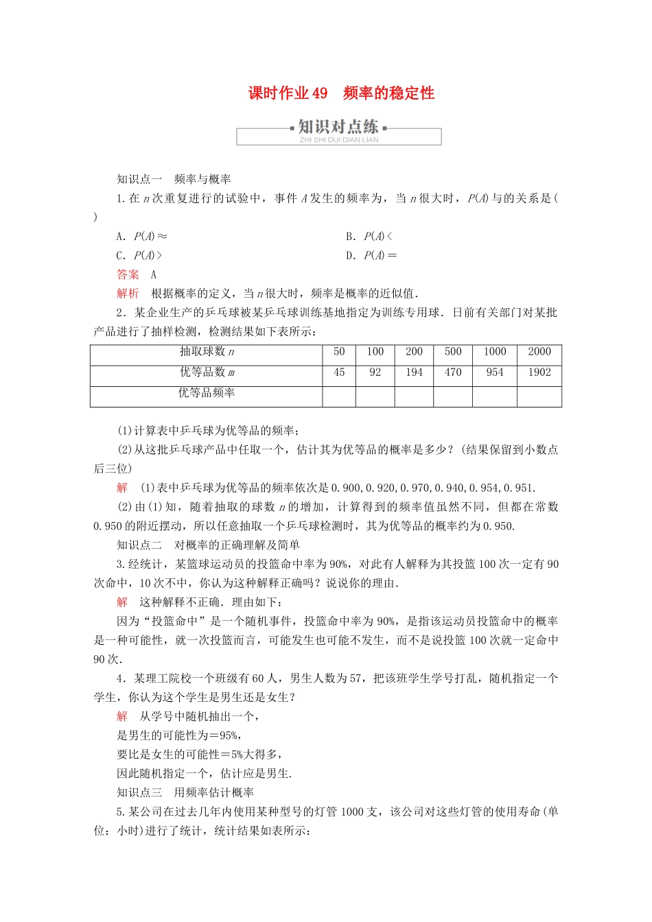 高中数学 第10章 概率 10.3 频率与概率 课时作业49 频率的稳定性 新人教A版必修第二册-新人教A版高一第二册数学试题_第1页
