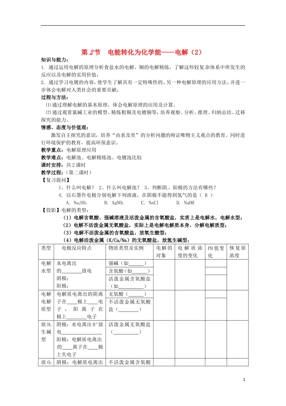山东省枣庄三中高二化学《电能转化为化学能—电解》教案2_第1页