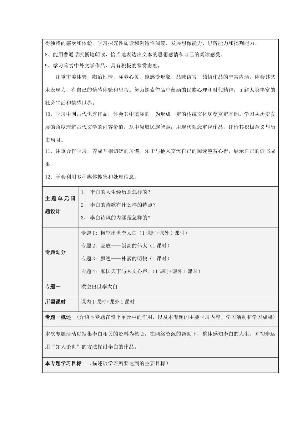 山东省淄博高中2012-2013学年高二语文 《豪放飘逸的太白诗》主题单元设计_第3页