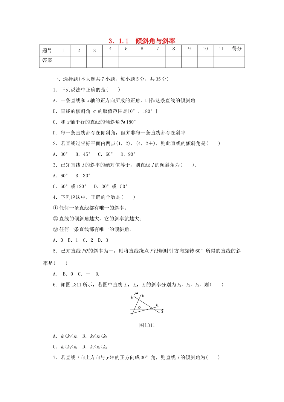 高中数学 3．1.1 倾斜角与斜率练习 新人教A版必修2-新人教A版高一必修2数学试题_第1页