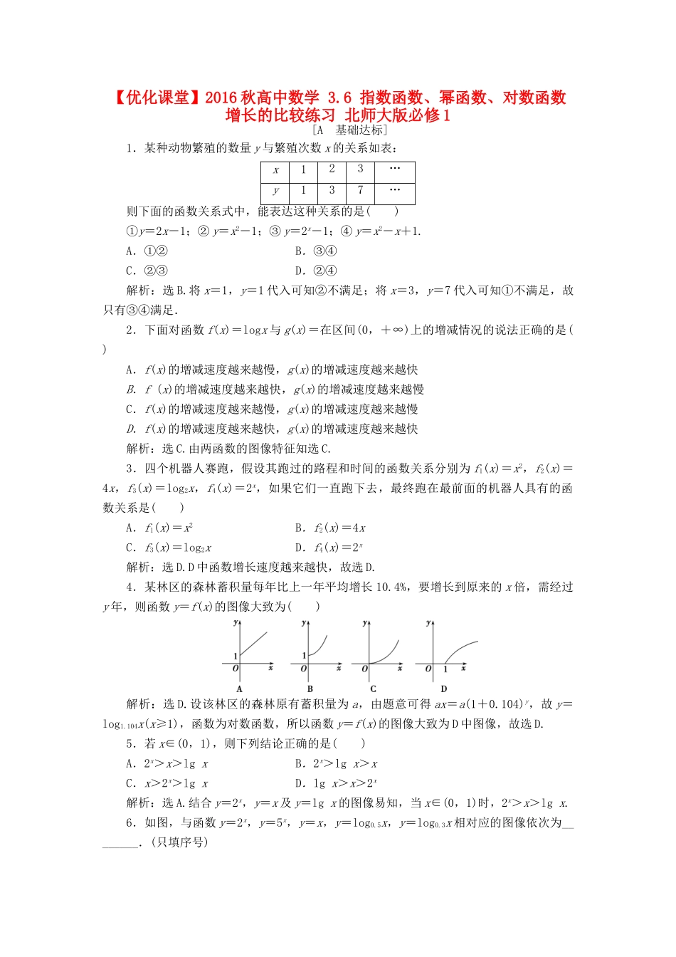 高中数学 3.6 指数函数、幂函数、对数函数增长的比较练习 北师大版必修1-北师大版高一必修1数学试题_第1页