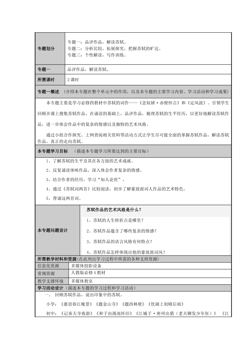 山东省临沂市高中2012-2013学年高一语文 走进黄州  走向苏轼主题单元设计_第3页