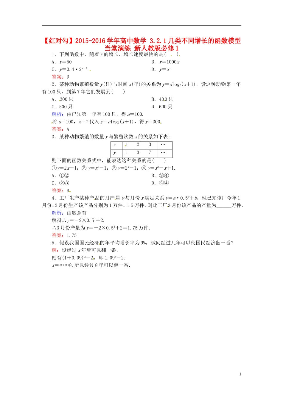 高中数学 3.2.1几类不同增长的函数模型当堂演练 新人教版必修1-新人教版高一必修1数学试题_第1页