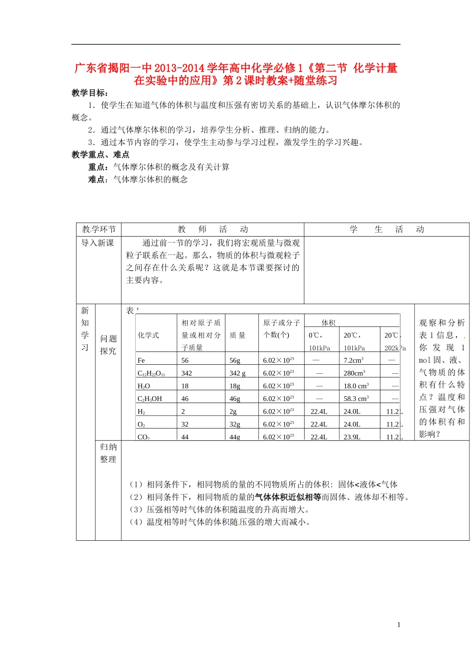 广东省揭阳一中2013-2014学年高中化学《第二节 化学计量在实验中的应用》第2课时教案+随堂练习 新人教版必修1_第1页