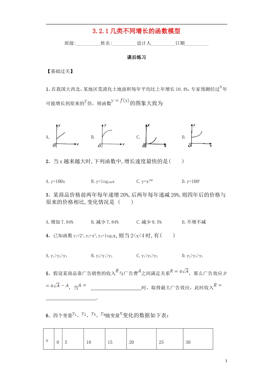 高中数学 3.2.1 几类不同增长的函数模型课后练习 新人教A版必修1-新人教A版高一必修1数学试题_第1页