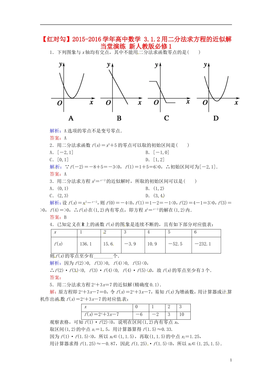 高中数学 3.1.2用二分法求方程的近似解当堂演练 新人教版必修1-新人教版高一必修1数学试题_第1页