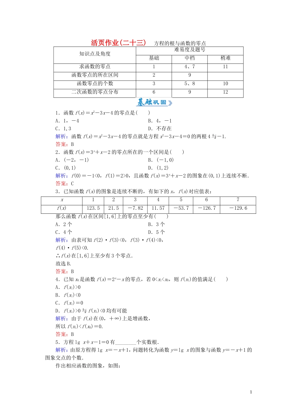 高中数学 3.1.1方程的根与函数的零点课时作业 新人教A版必修1-新人教A版高一必修1数学试题_第1页