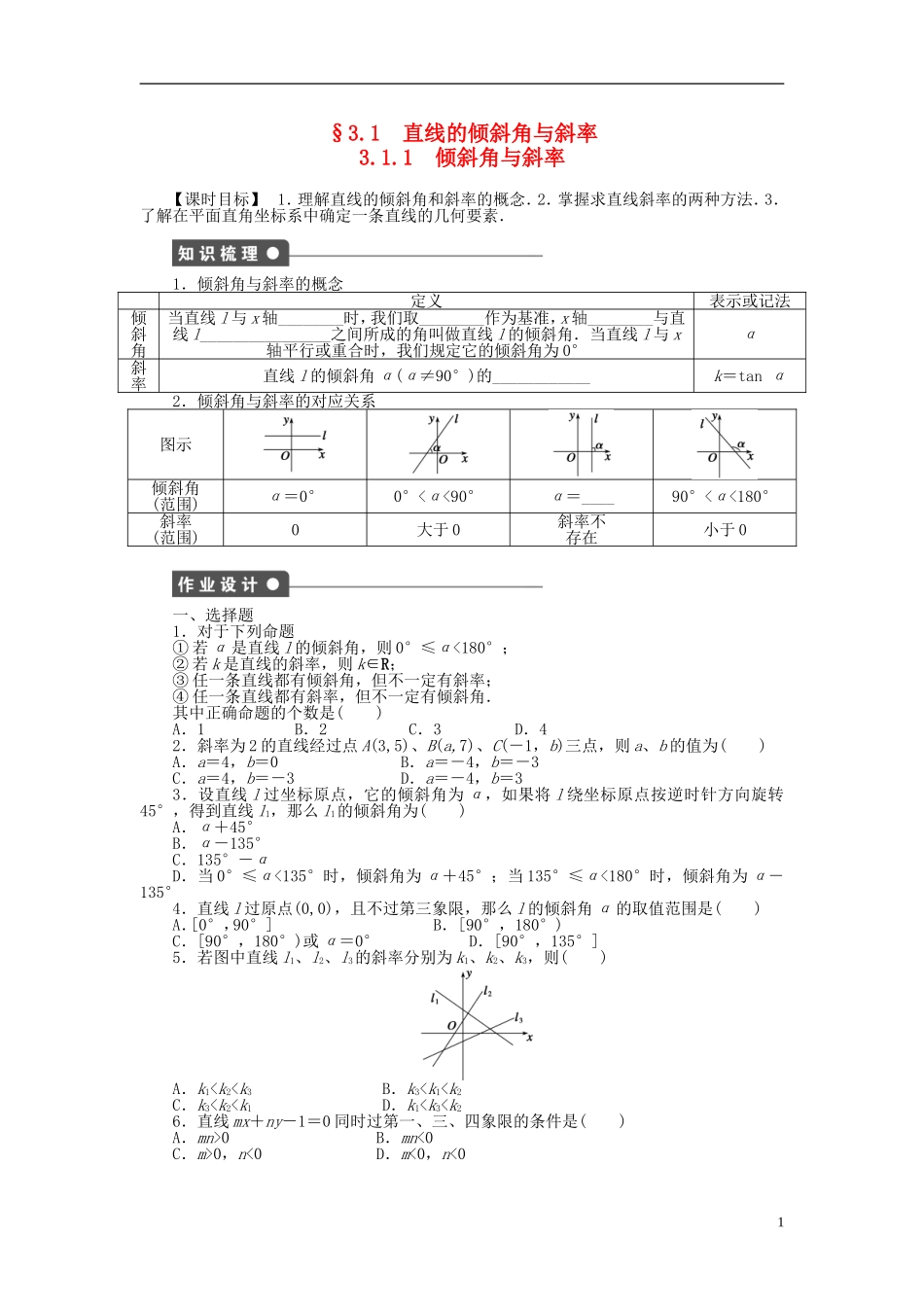 高中数学 3.1.1倾斜角与斜率课时作业 新人教A版必修2-新人教A版高一必修2数学试题_第1页