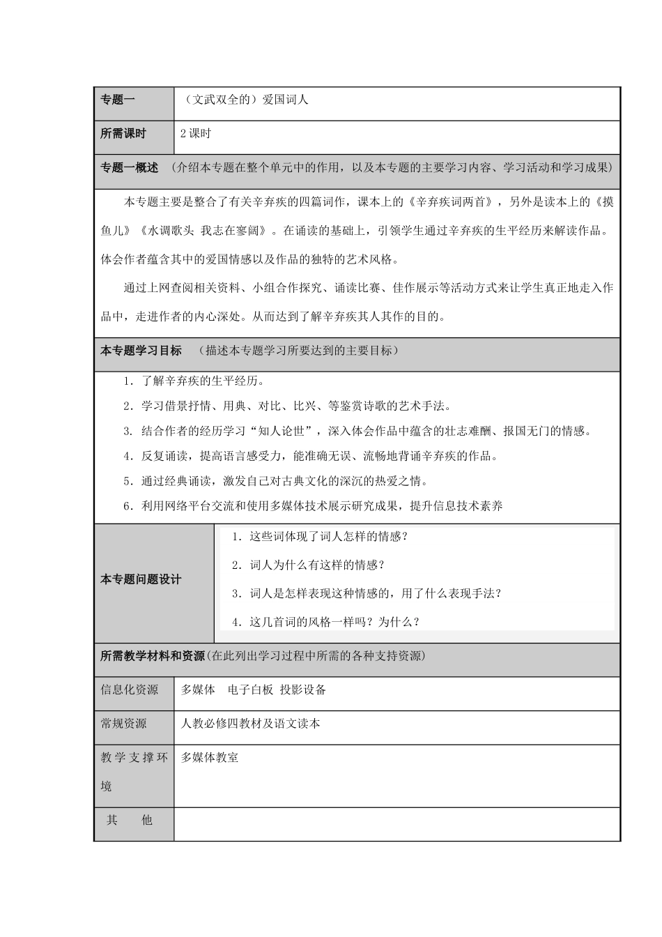 山东省临沂市蒙阴县高中2012-2013学年高二语文 爱国词人辛弃疾主题单元设计_第3页