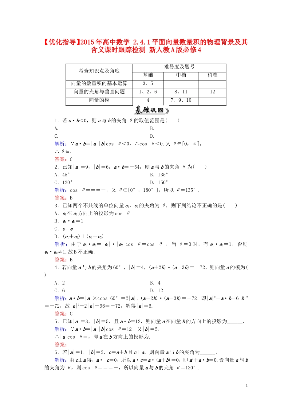 高中数学 2.4.1平面向量数量积的物理背景及其含义课时跟踪检测 新人教A版必修4-新人教A版高一必修4数学试题_第1页