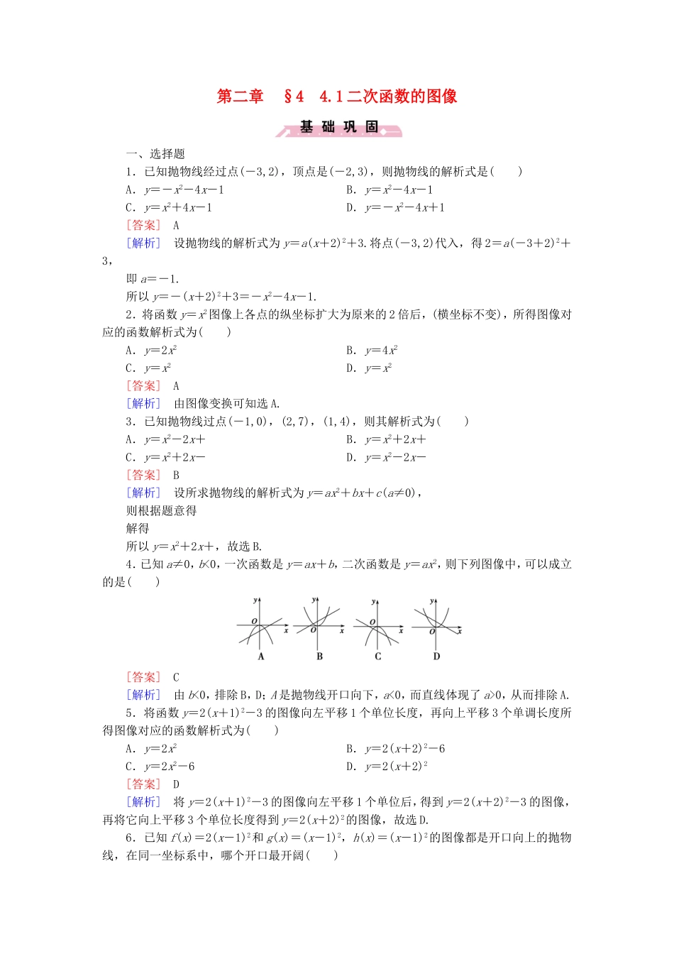高中数学 2.4.1二次函数的图像同步测试 北师大版必修1-北师大版高一必修1数学试题_第1页