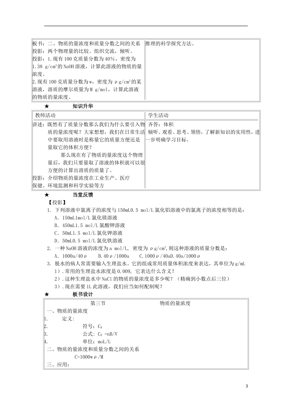 江西省丰城四中2014高中化学 第三节 物质的量浓度教学设计 新人教版必修1_第3页