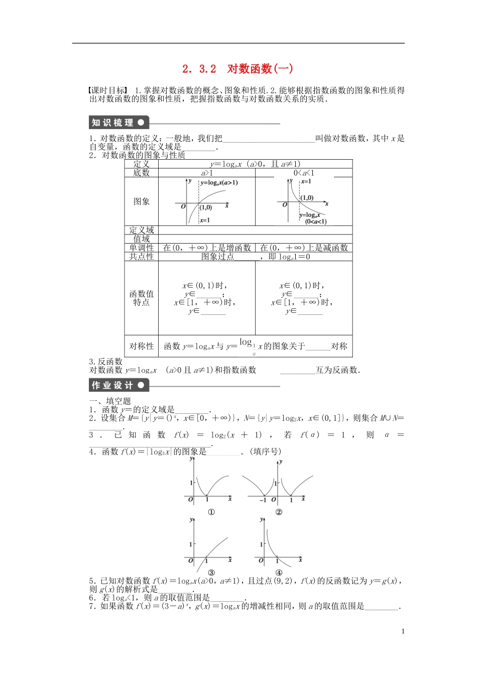 高中数学 2.3.2对数函数（一）课时作业 苏教版必修1-苏教版高一必修1数学试题_第1页