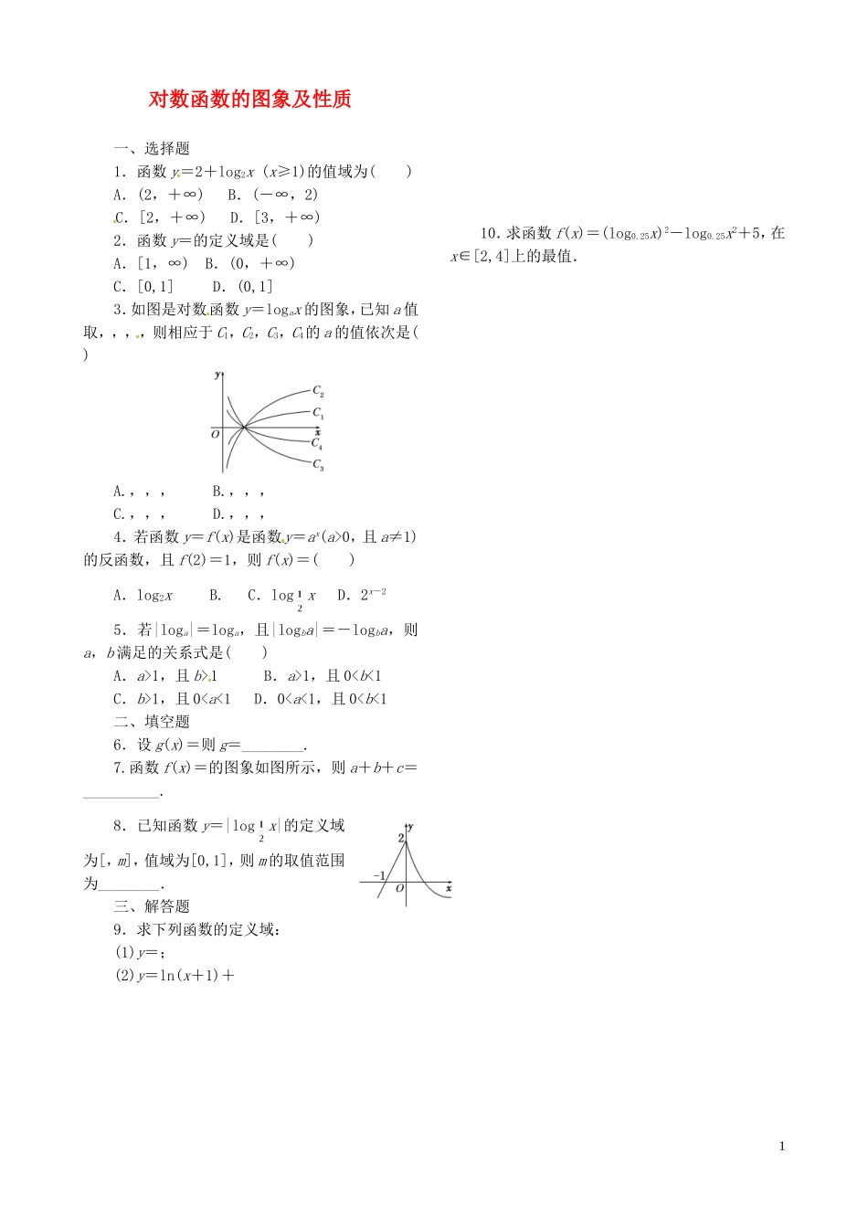 高中数学 2.2.2第1课时 对数函数的图象及性质课时跟踪检测 新人教A版必修1-新人教A版高一必修1数学试题_第1页