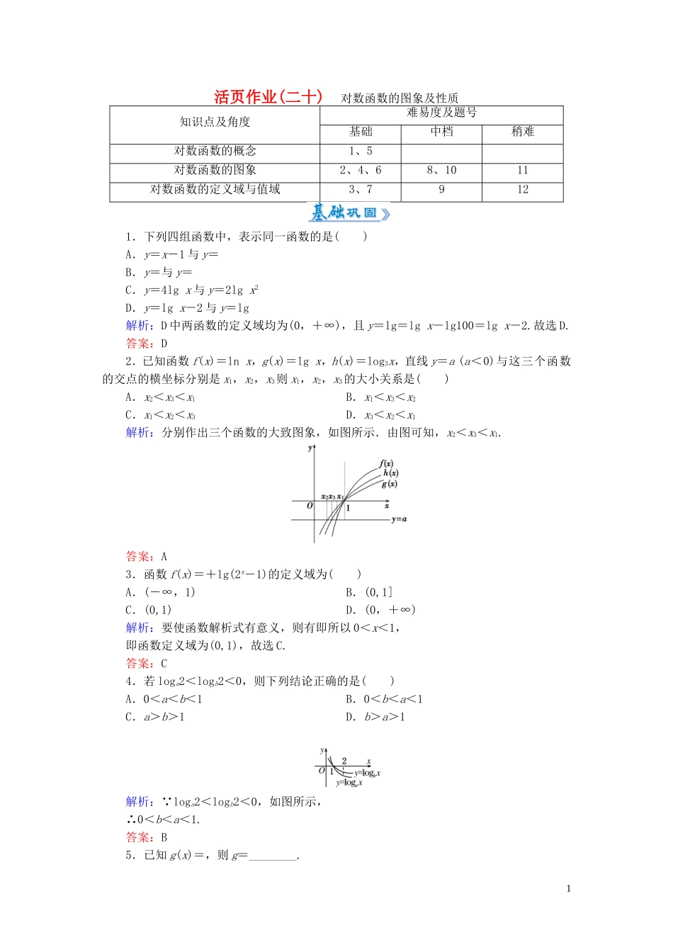 高中数学 2.2.2第1课时 对数函数的图象及性质课时作业 新人教A版必修1-新人教A版高一必修1数学试题_第1页