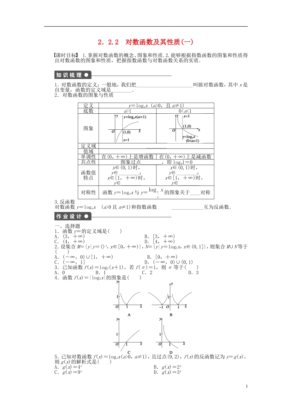 高中数学 2.2.2对数函数及其性质（一）课时作业 新人教A版必修1-新人教A版高一必修1数学试题_第1页