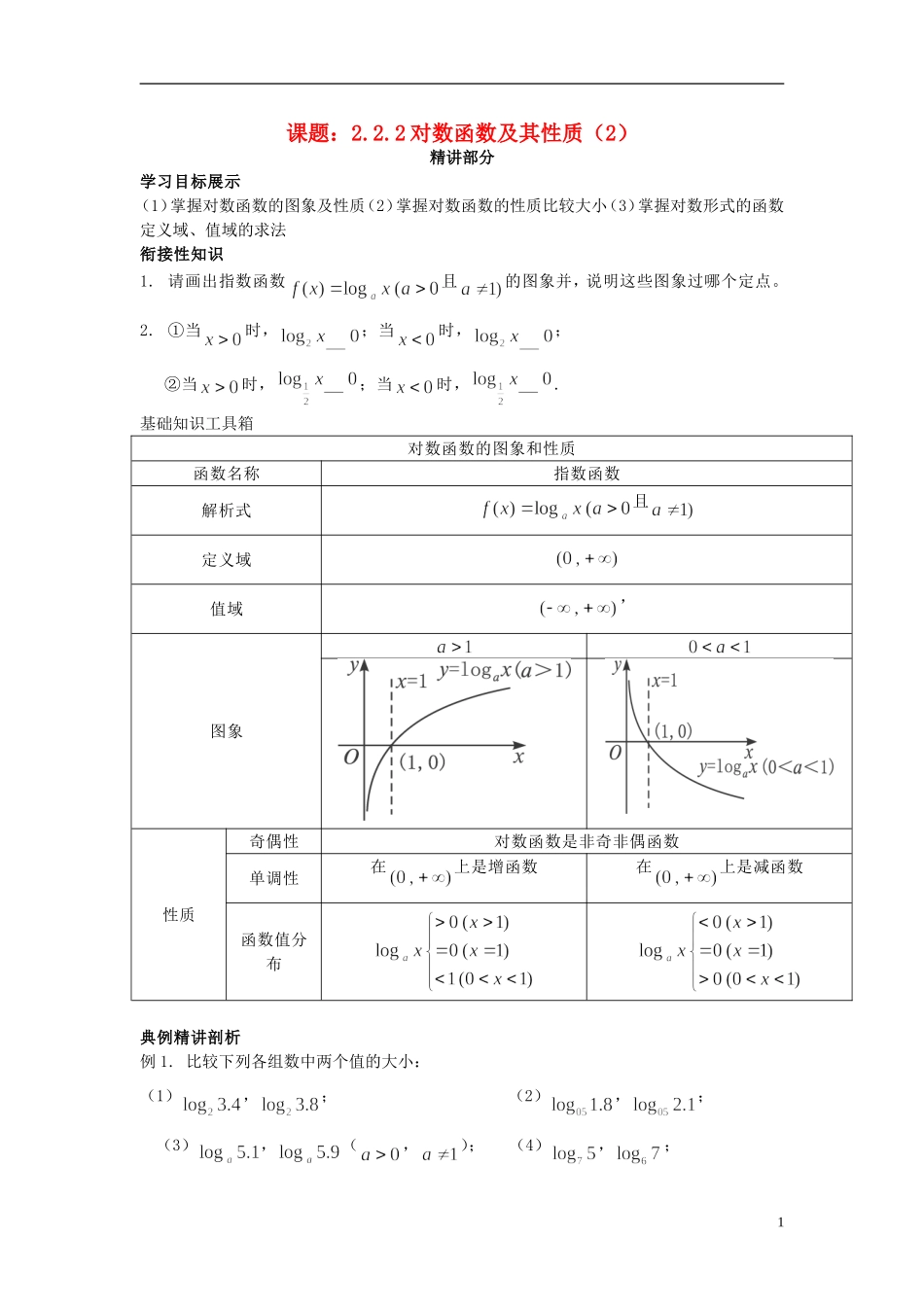 高中数学 2.2.2对数函数及其性质（2）同步讲练 新人教版必修1-新人教版高一必修1数学试题_第1页
