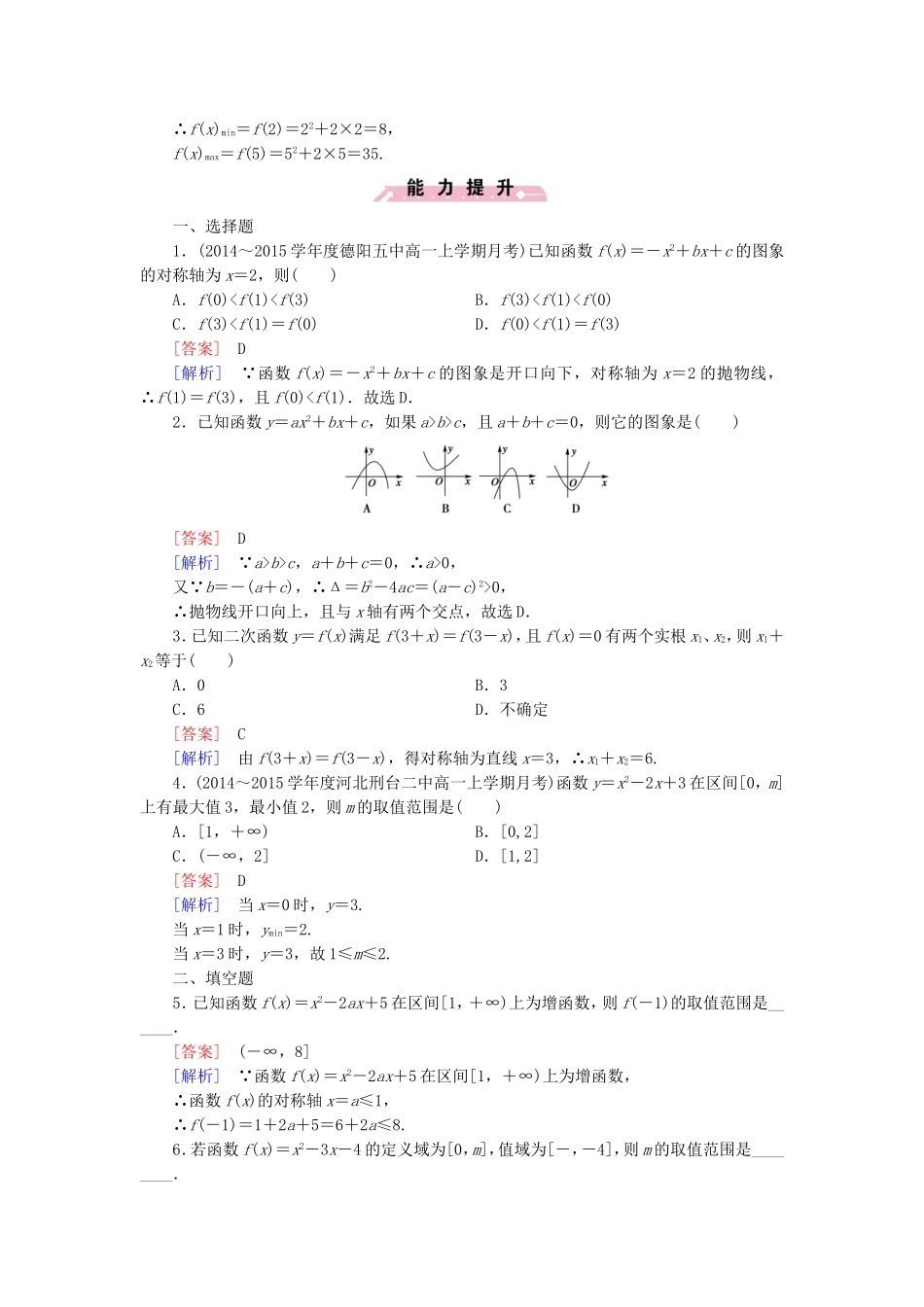 高中数学 2.2.2二次函数的性质与图象同步测试 新人教B版必修1-新人教B版高一必修1数学试题_第3页