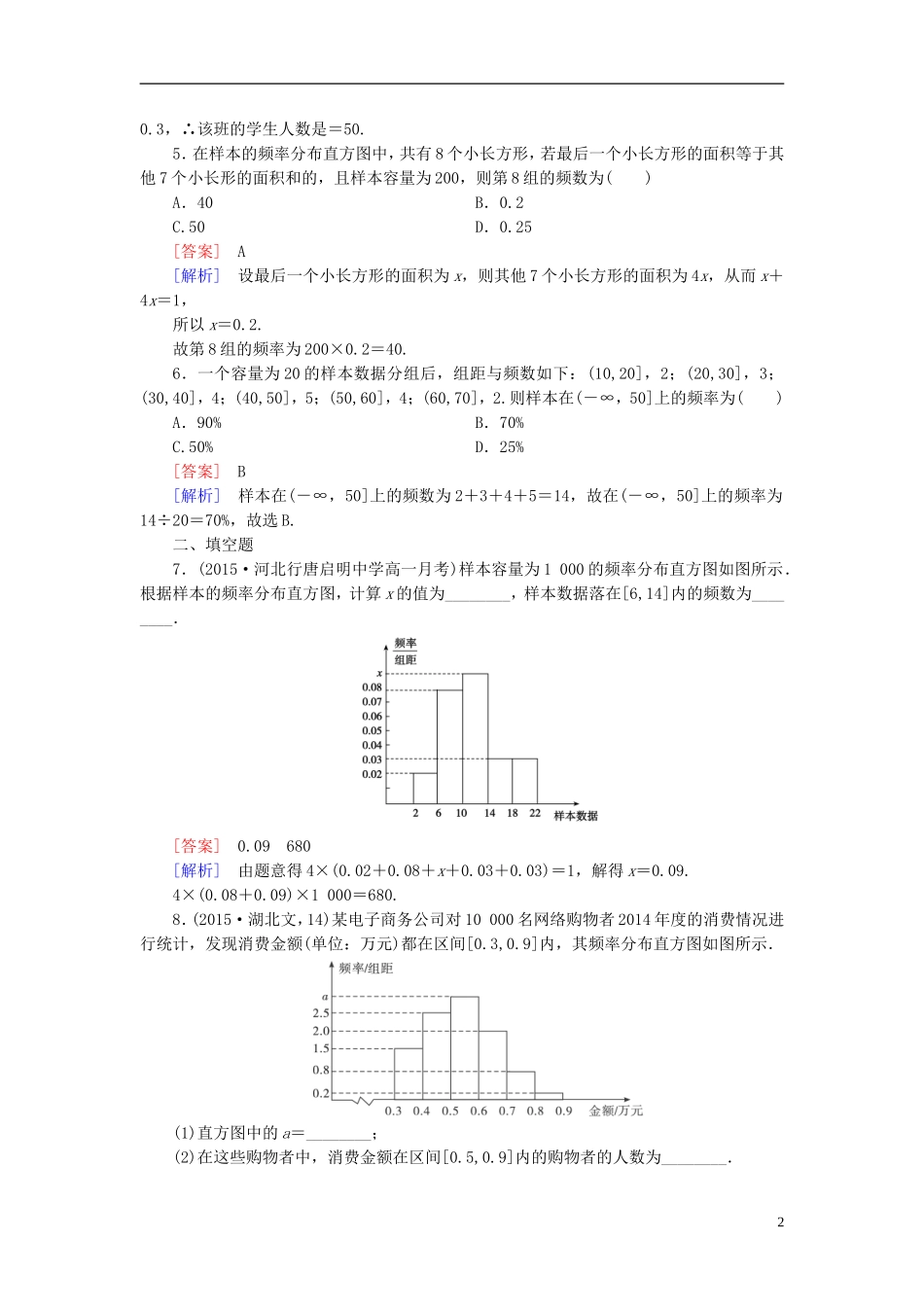 高中数学 2.2.1第1课时 用样本的频率分布估计总体的分布（一）课时作业（含解析）新人教B版必修3-新人教B版高一必修3数学试题_第2页