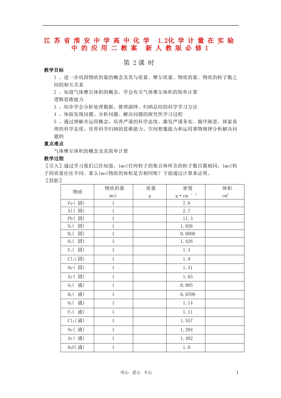 江苏省淮安中学高中化学 1.2化学计量在实验中的应用二教案 新人教版必修1_第1页