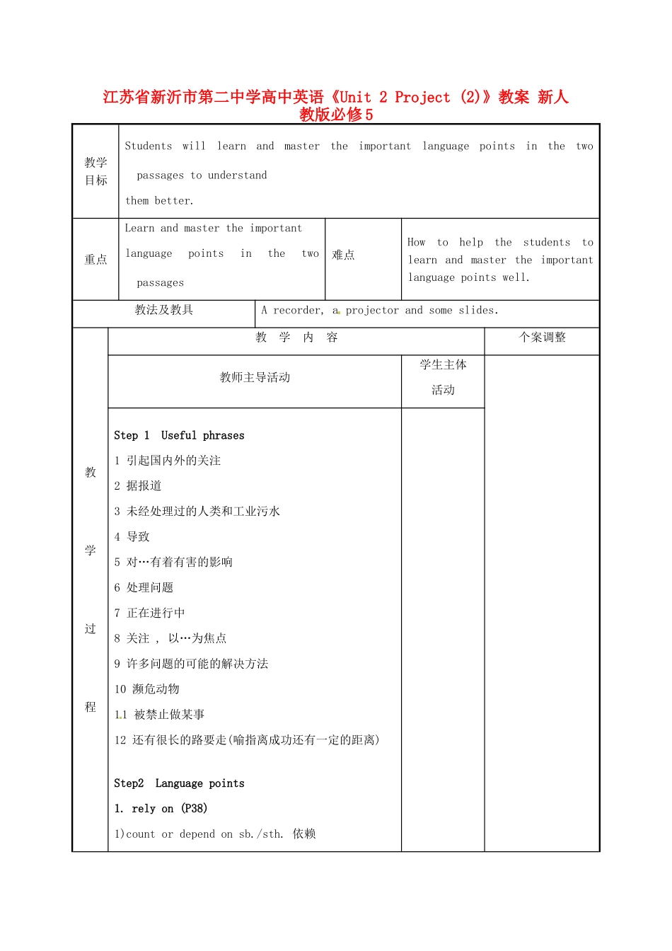江苏省新沂市第二中学高中英语《Unit 2 Project (2)》教案 新人教版必修5_第1页
