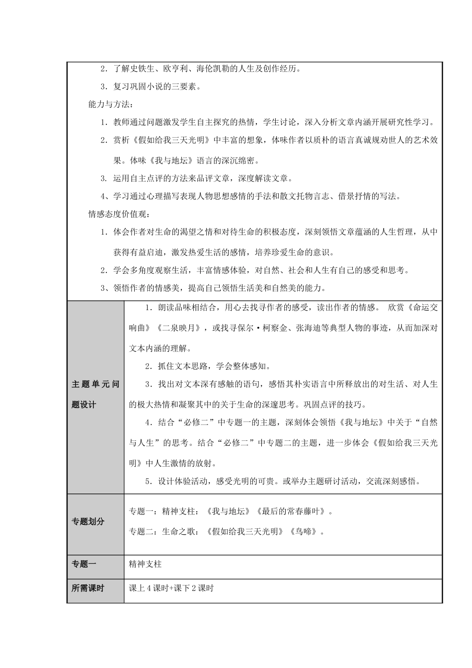 山东省广饶县第一中学2012-2013学年高一语文 珍爱生命主题单元设计 鲁教版_第2页