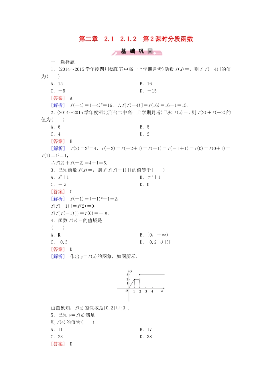 高中数学 2.1.2第2课时分段函数同步测试 新人教B版必修1-新人教B版高一必修1数学试题_第1页