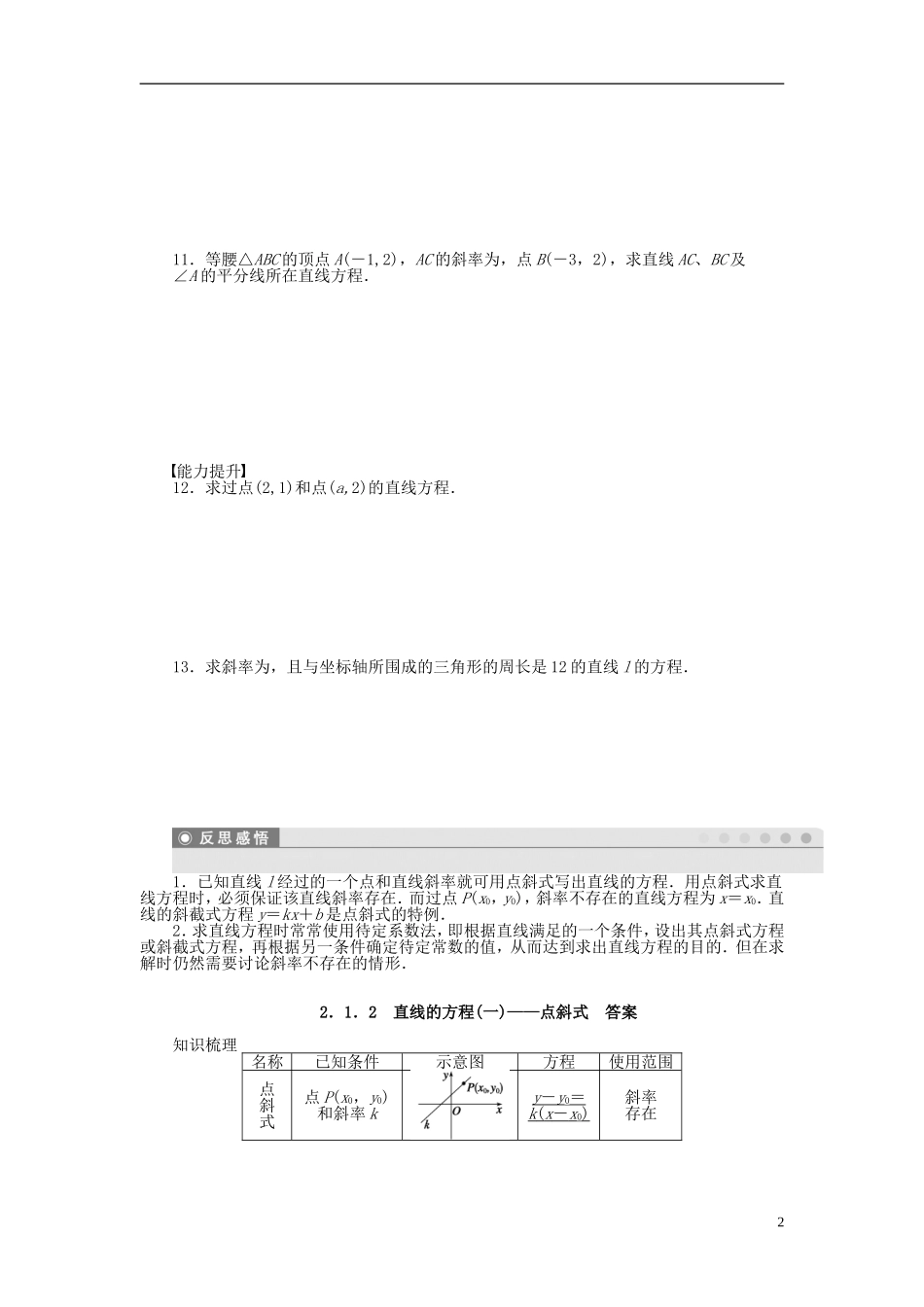 高中数学 2.1.2直线的方程（一）点斜式课时作业 苏教版必修2-苏教版高一必修2数学试题_第2页