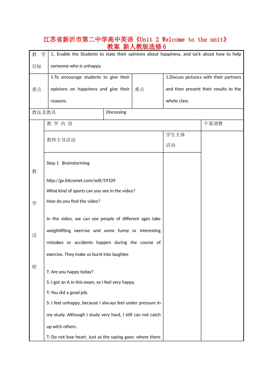 江苏省新沂市第二中学高中英语《Unit 2 Welcome to the unit》教案 新人教版选修6_第1页