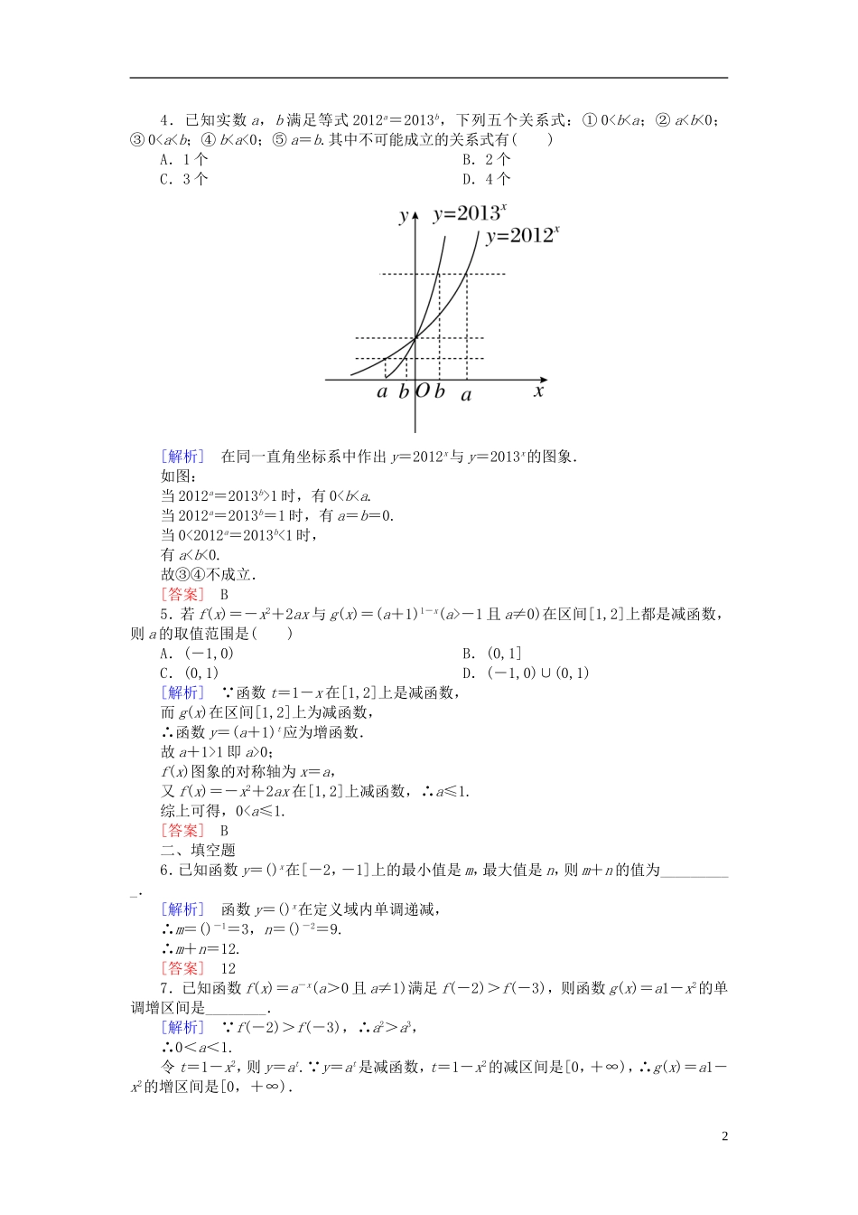 高中数学 2.1.2.2指数函数图象与性质的应用课后课时精练 新人教A版必修1-新人教A版高一必修1数学试题_第2页