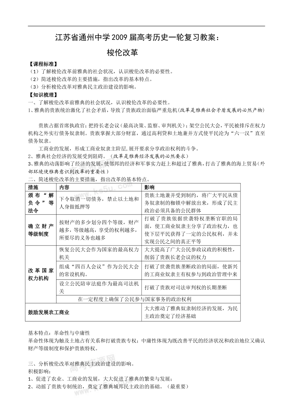 江苏省通州中学2009届高考历史一轮复习教案：    梭伦改革_第1页