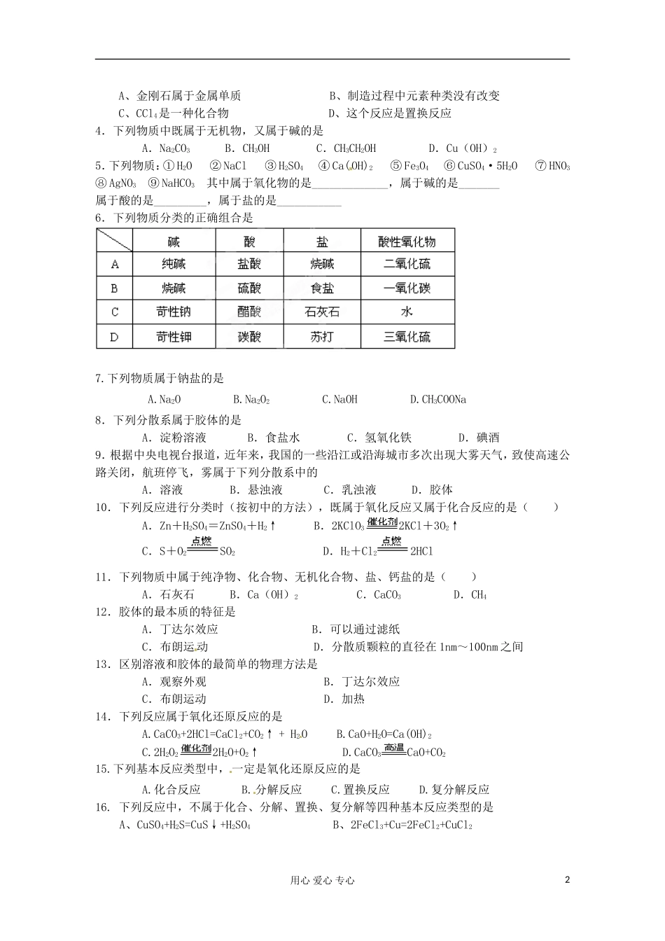 内蒙古伊图里河高一化学 《2.1 物质的分类》复习提纲 新人教版_第2页