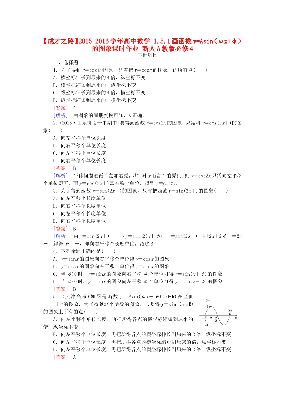 高中数学 1.5.1画函数yAsin（ωxφ）的图象课时作业 新人教A版必修4-新人教A版高一必修4数学试题_第1页