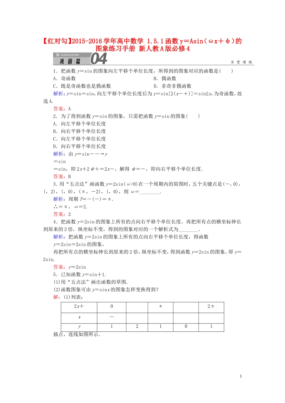 高中数学 1.5.1函数y＝Asin（ωx＋φ）的图象练习手册 新人教A版必修4-新人教A版高一必修4数学试题_第1页