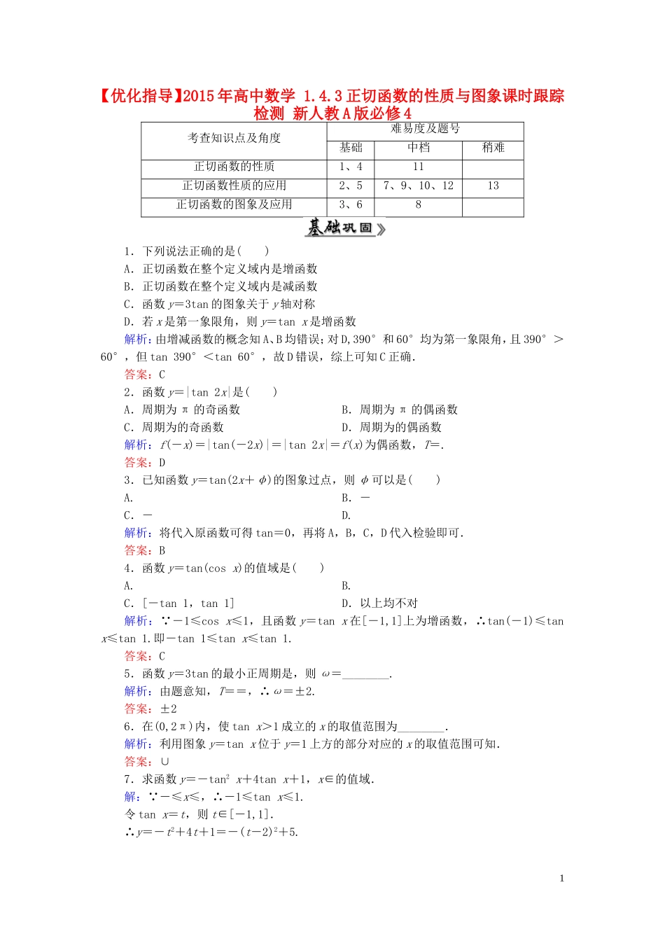高中数学 1.4.3正切函数的性质与图象课时跟踪检测 新人教A版必修4-新人教A版高一必修4数学试题_第1页