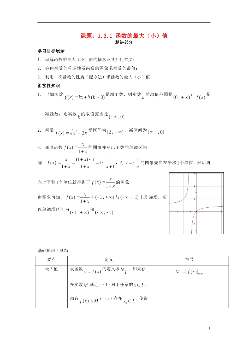 高中数学 1.3.1函数的最大（小）值同步讲练 新人教版必修1-新人教版高一必修1数学试题_第1页